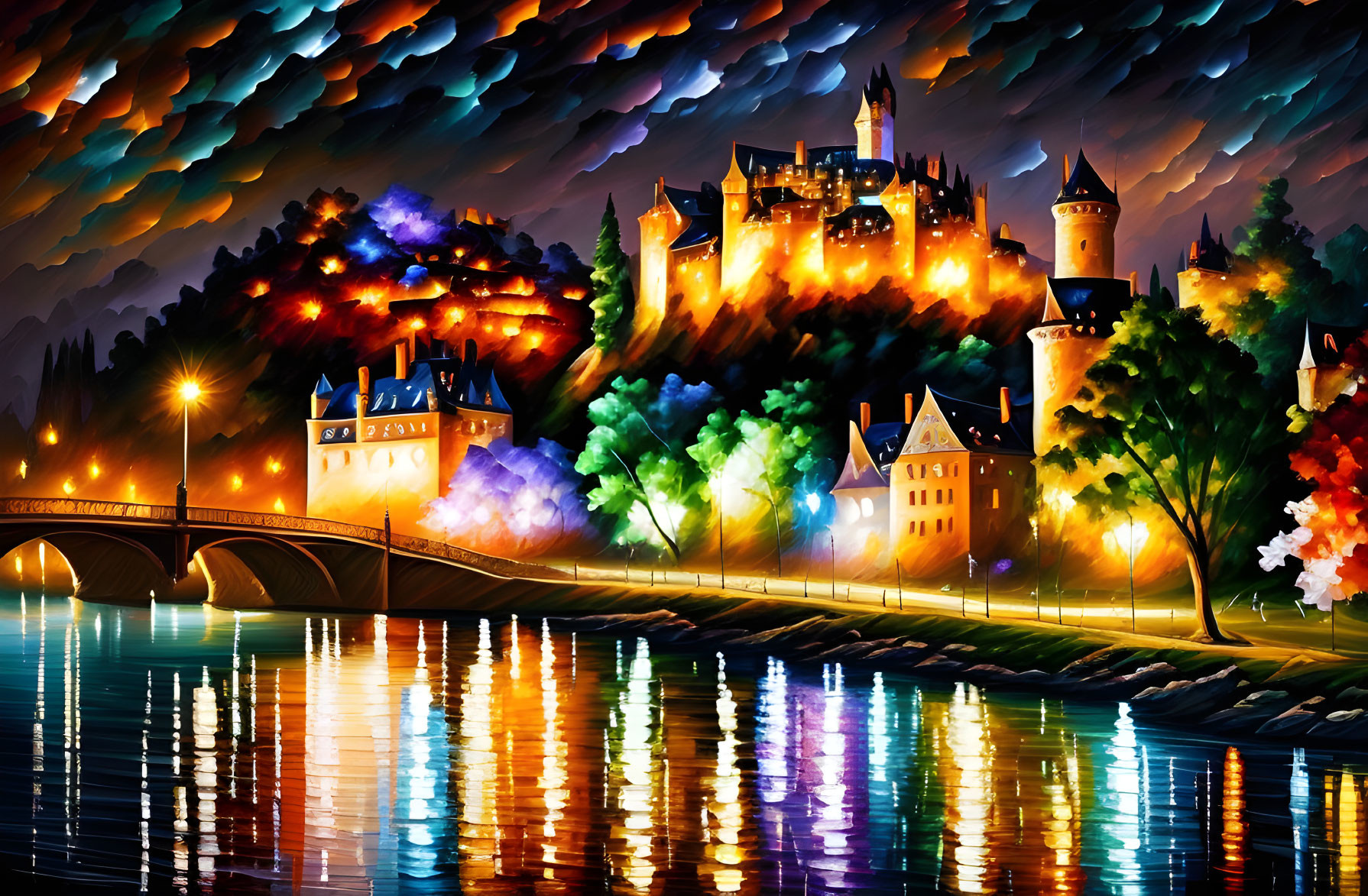 Colorful illustration of castles on hill with river reflections, bridge, and dramatic sky