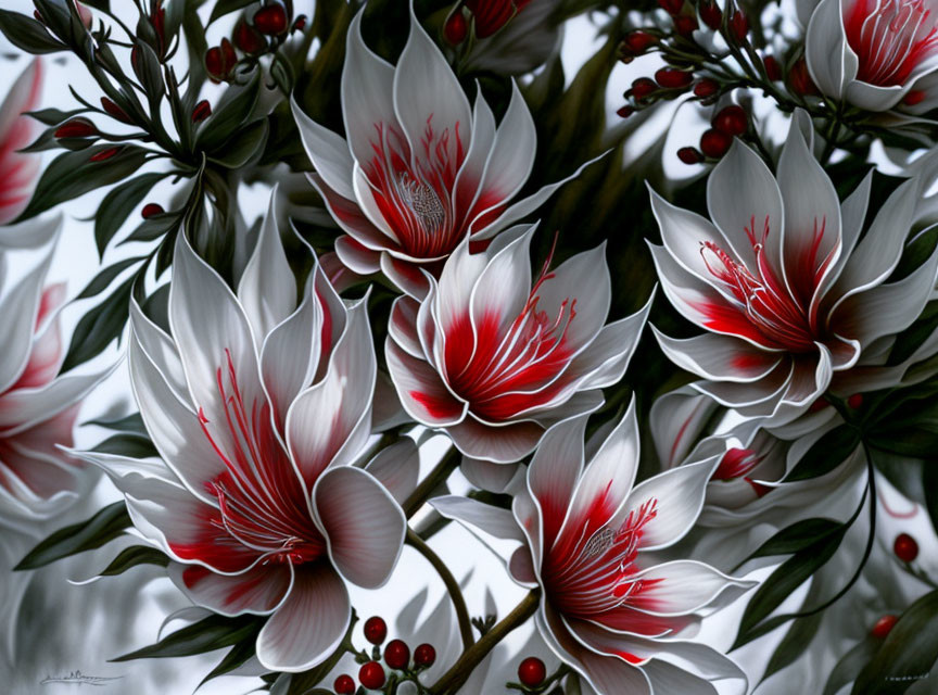 White Flowers with Red Centers and Dark Green Leaves Illustration