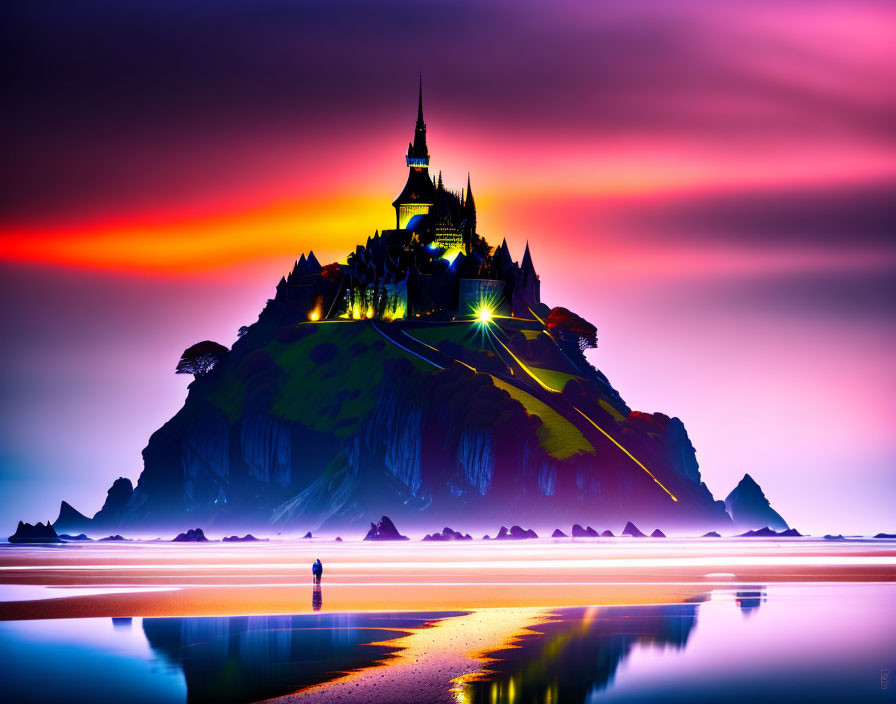 Fantastical castle on rocky island under vibrant sunset sky