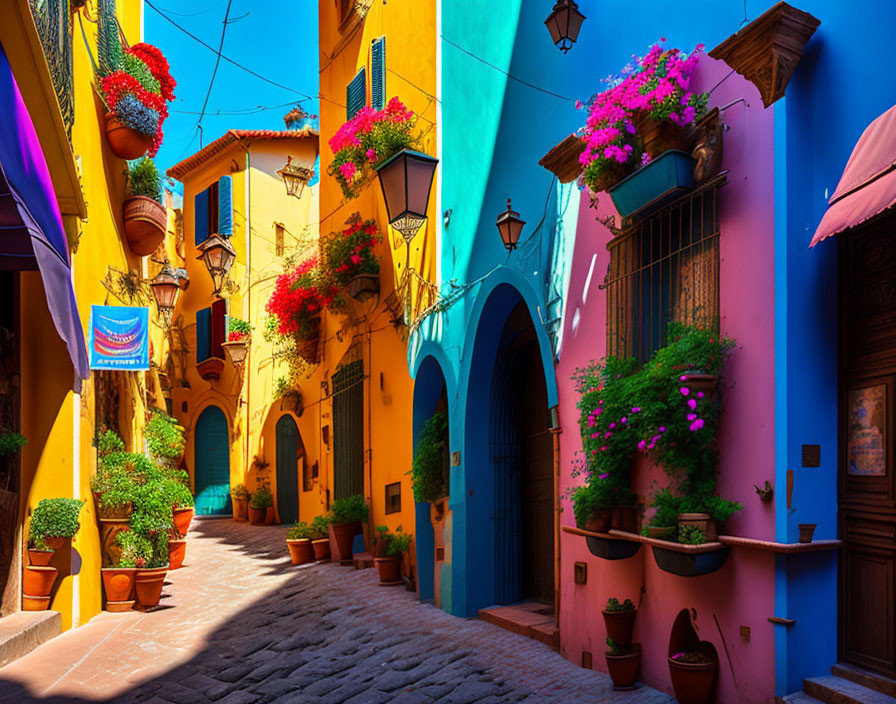 Colorful alley with blue and yellow walls, potted plants, and hanging flowers under clear sky