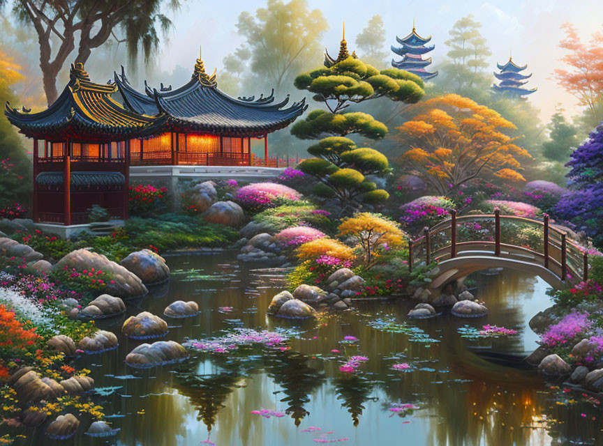 Serene Oriental Garden with Pond, Arched Bridge, and Pavilions