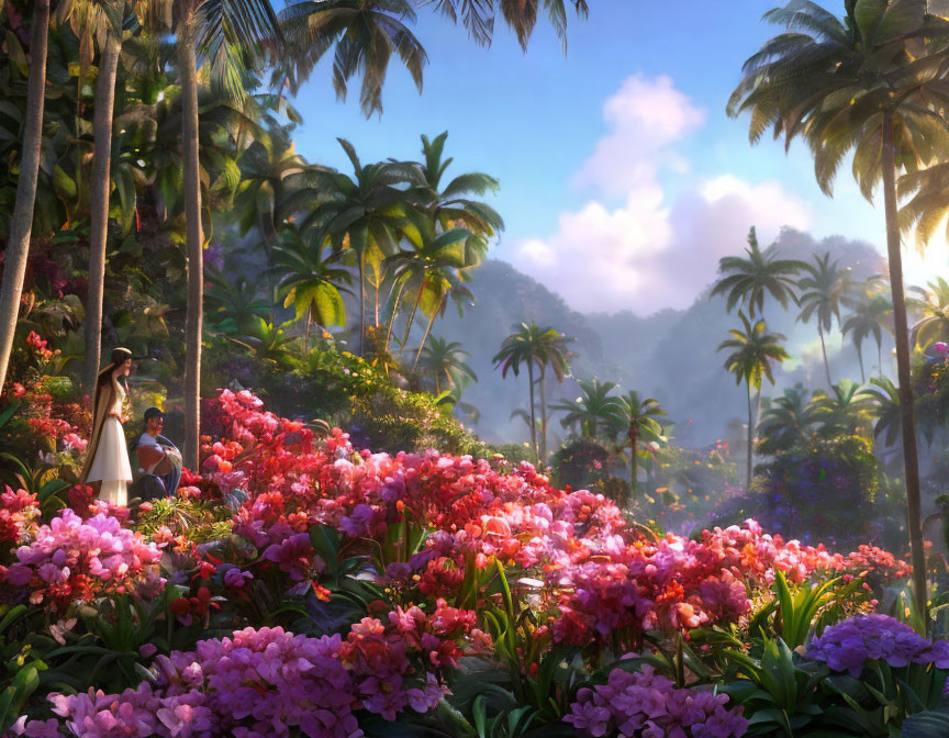 Tropical landscape with palm trees, pink flowers, and person in serenity