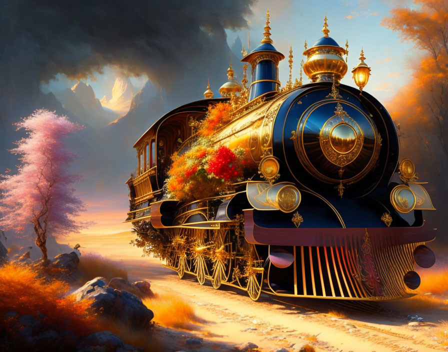 Fantastical steam train with golden accents in dreamy landscape