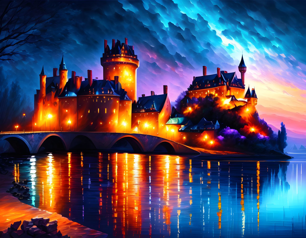 Digital Art: Majestic Castle at Sunset with Luminous Windows