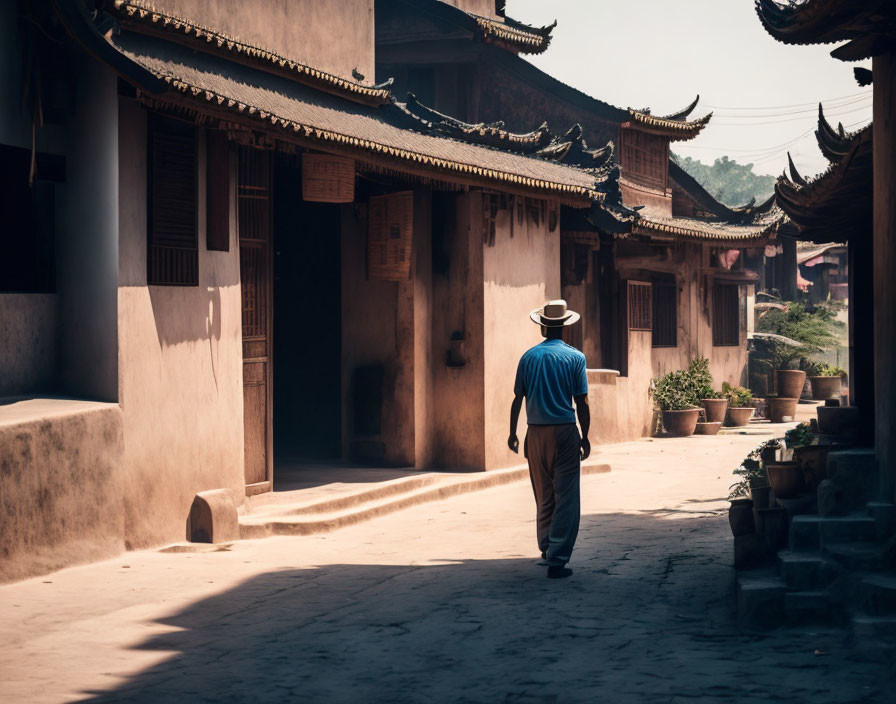 Person in Blue Hat Walking Down Sunlit Alley Between Traditional Buildings