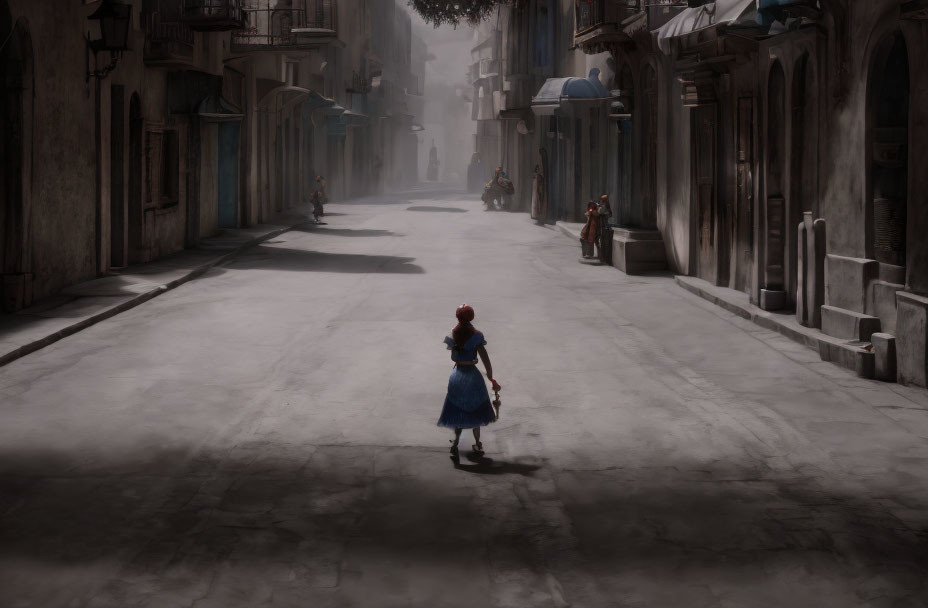 Young girl in red hood and blue dress on sunlit street with old-style buildings