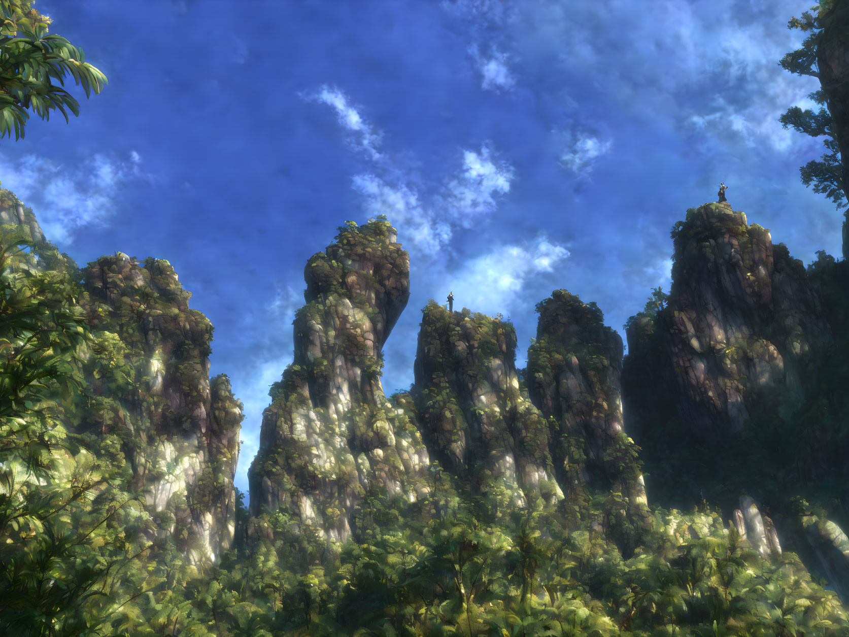 Person standing on lush green mountaintop overlooking forest and clouds