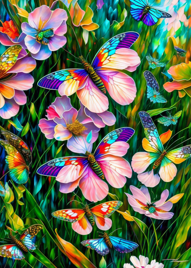 Colorful garden scene with flowers and butterflies in lush greenery