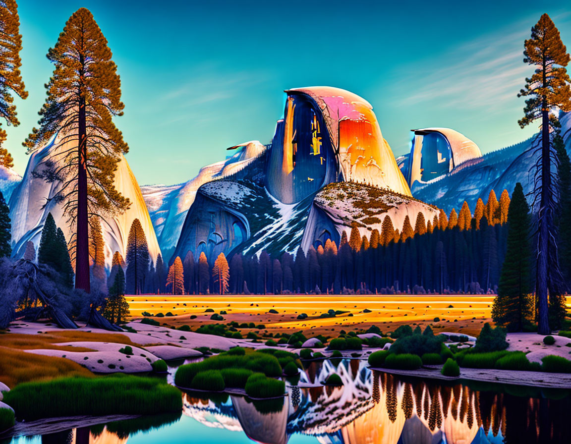 Surreal landscape: grasslands, lake, guitar-shaped cliffs, pines, twilight sky