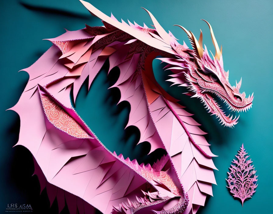 Detailed Pink and Purple Paper Dragon on Teal Background