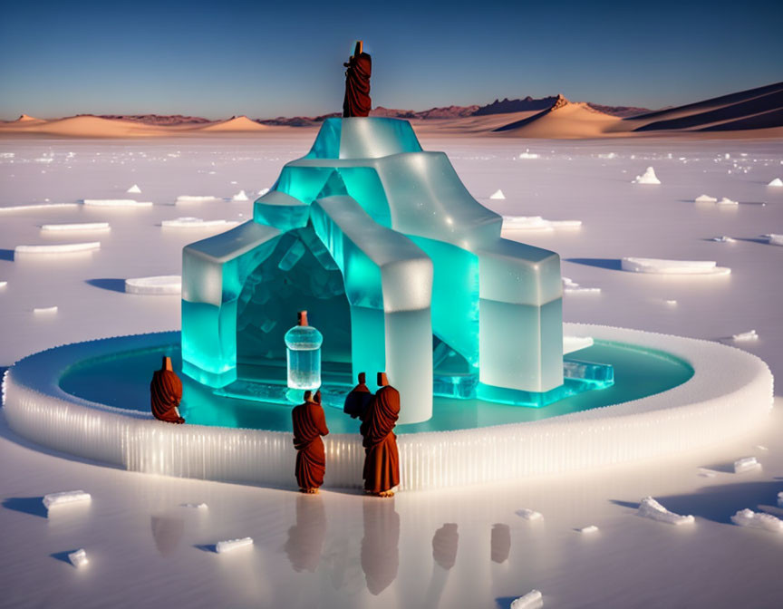 Robed figures admiring glowing ice palace on reflective surface