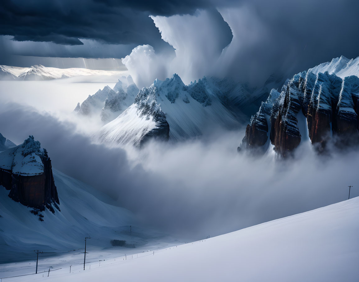 Snow-covered peaks in dramatic mountain landscape with swirling mist and stormy skies.