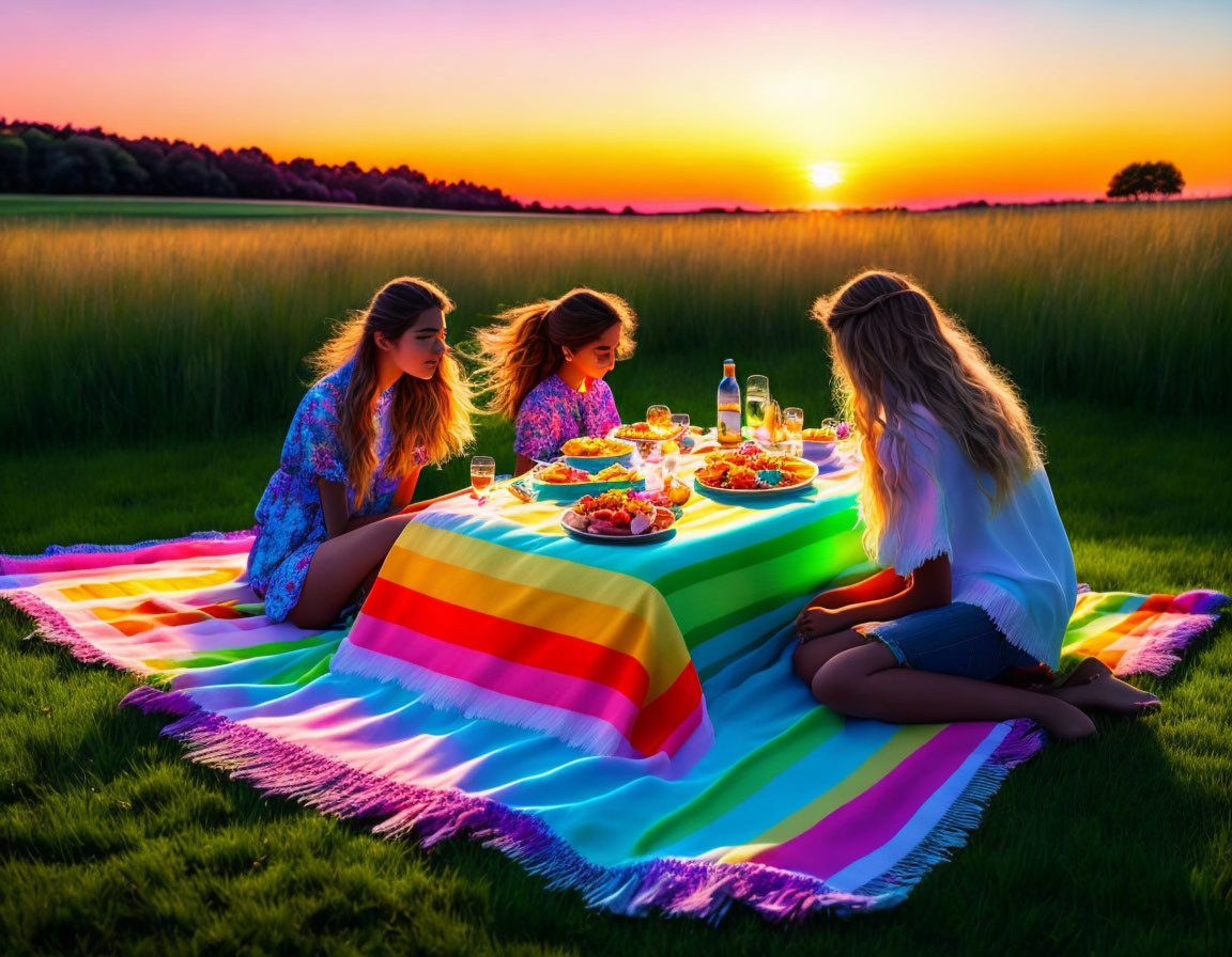 Three People Picnicking on Colorful Blanket at Sunset