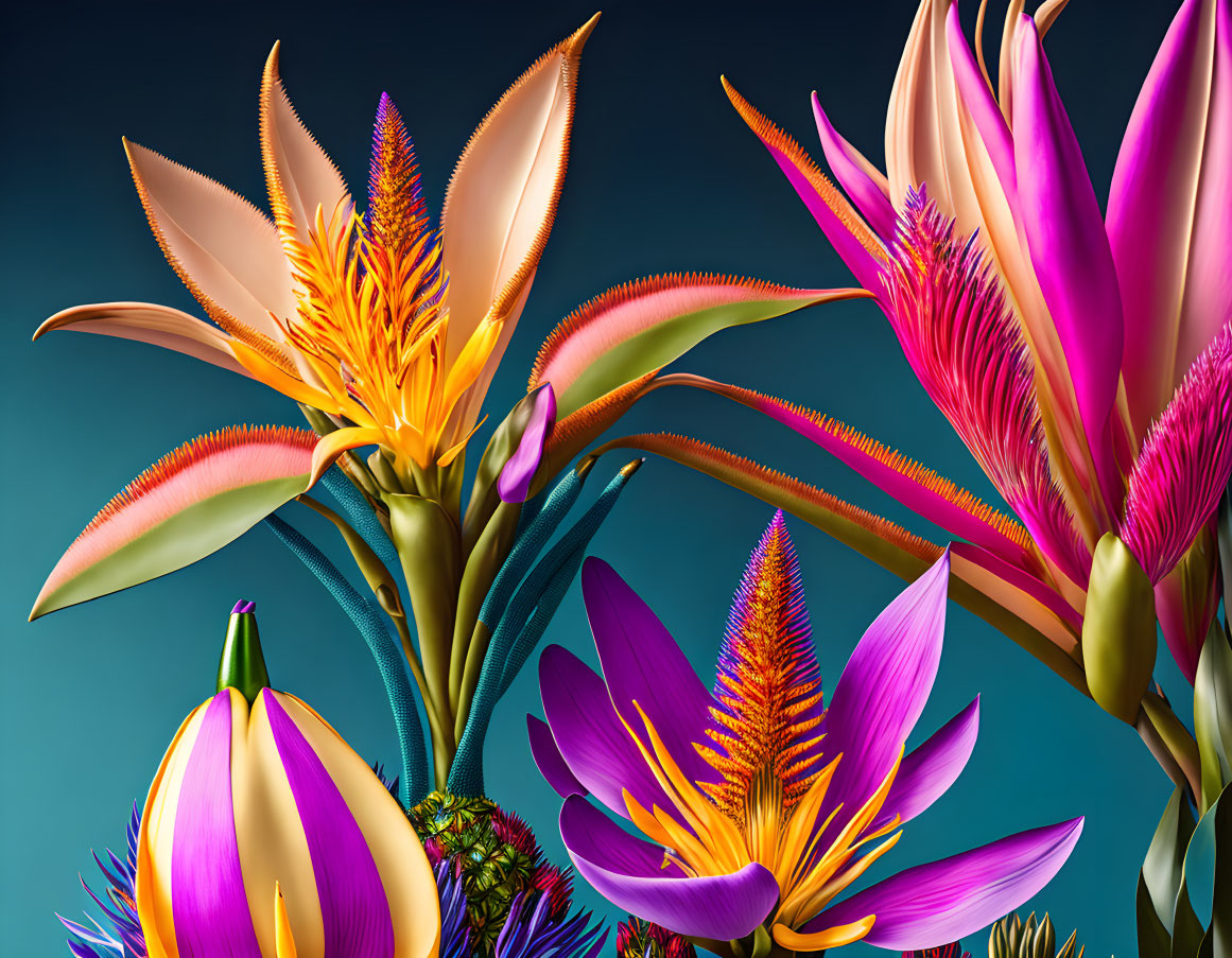 Colorful Exotic Flowers in 3D Render on Teal Background