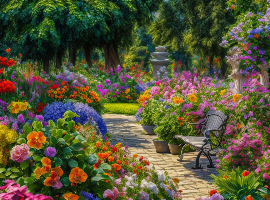 Colorful Flower Garden with Winding Path and Bench