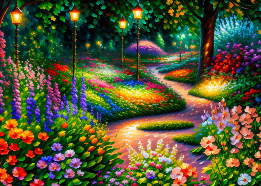 Colorful Garden Path with Flowers and Lampposts in Mystical Dusk Landscape