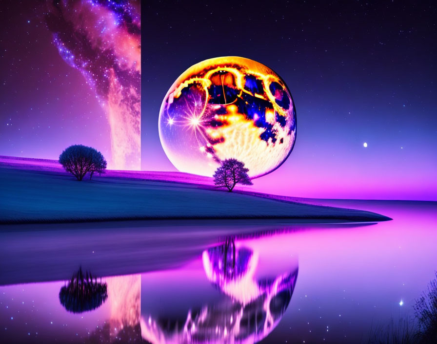 Surreal landscape with vibrant purple sky, two trees, and fantasy moon reflected in water