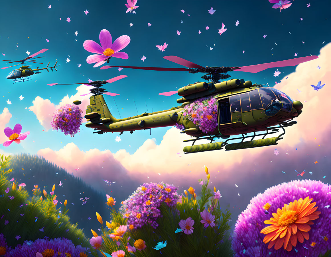 Colorful helicopters flying among flowers and butterflies in clear skies