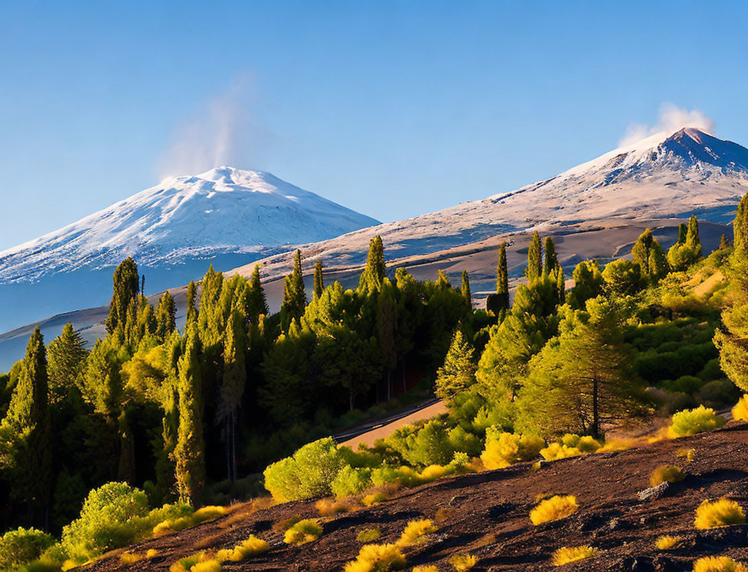 Majestic snow-capped mountains and lush forest scenery.