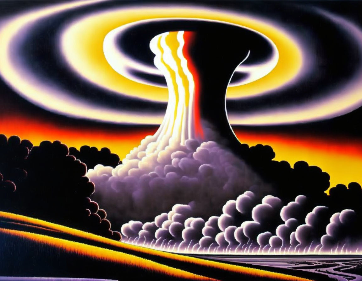 Vivid painting of nuclear explosion with mushroom cloud