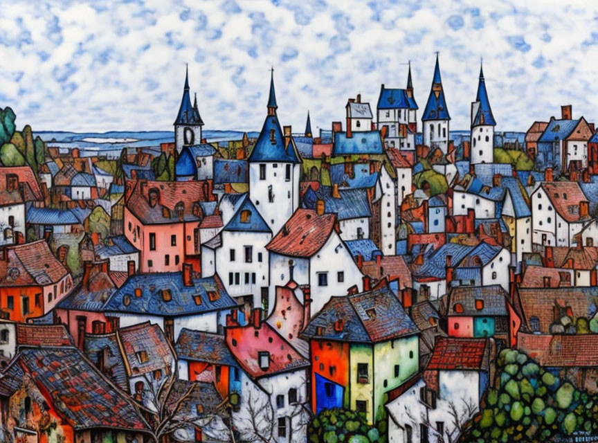 Whimsical buildings in colorful, stylized painting