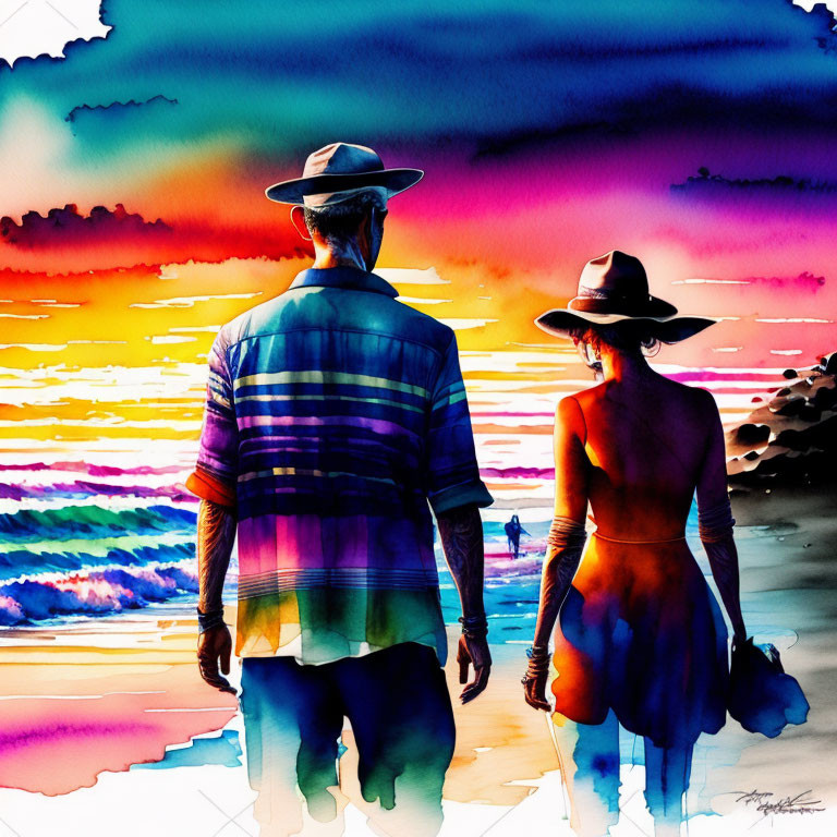 Colorful painting of couple holding hands on beach at sunset