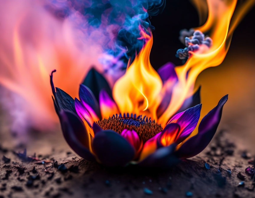 Flaming flower with blue smoke on blurred background