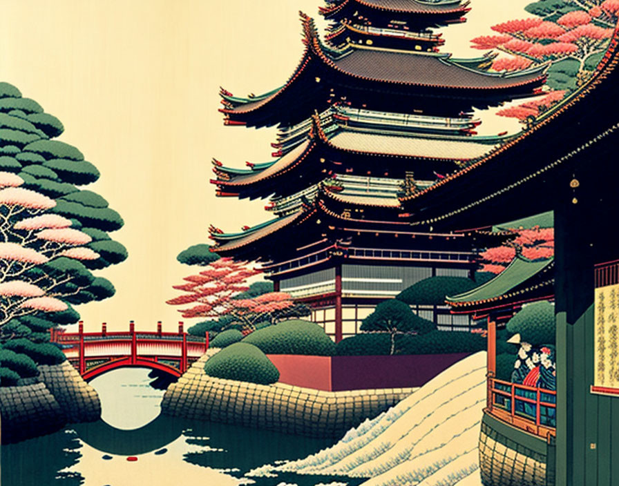 Traditional Japanese illustration: Multi-tiered pagoda, red bridge, tranquil river, pink-flowered trees