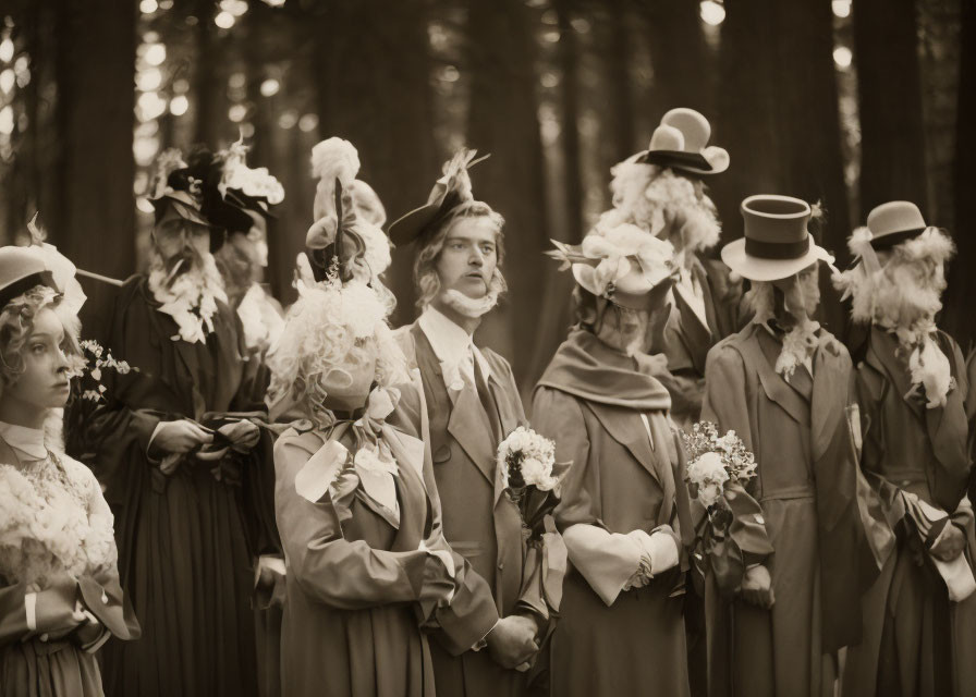 Vintage Attired Group with Hats and Feathers in Sepia Forest