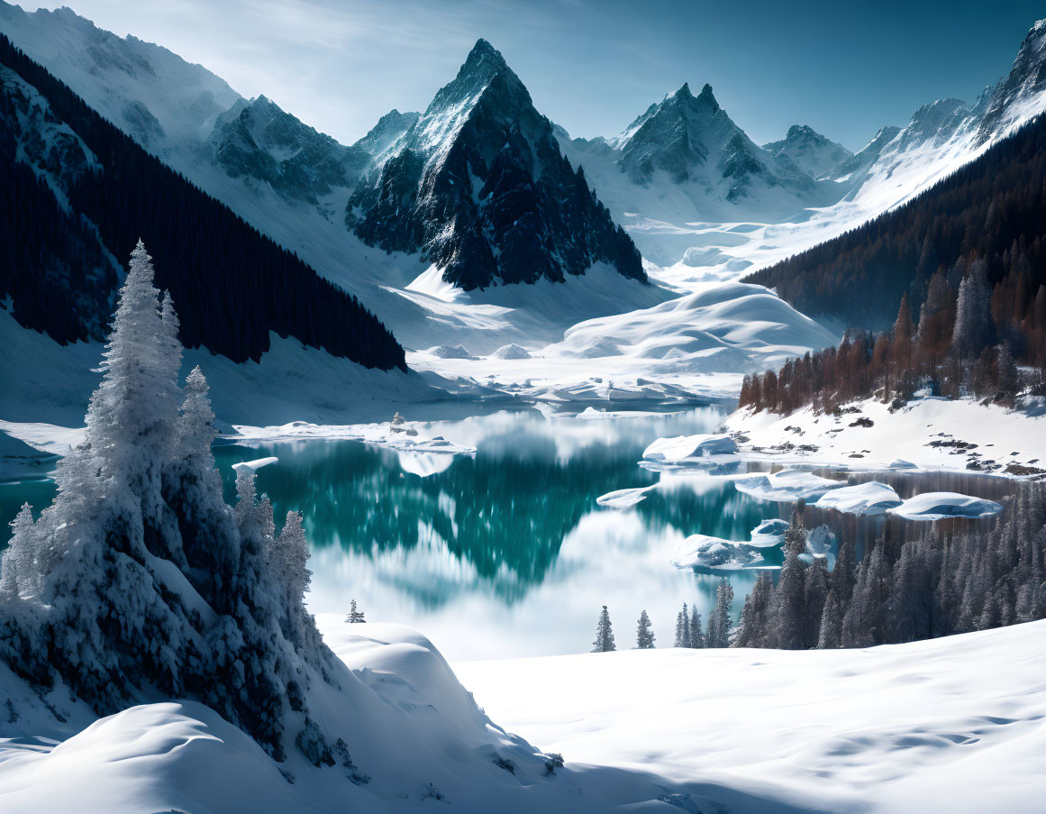 Snow-covered trees, reflective lake, and jagged mountains in serene winter scene