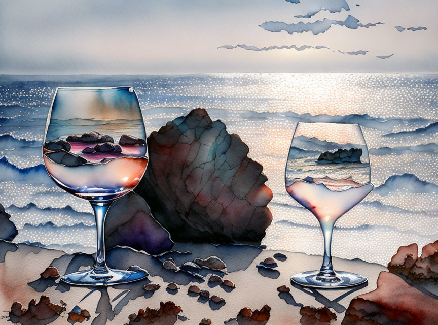 Wine glasses on beach with sunset seascape reflected, pebbles, rocks, watercolor textures