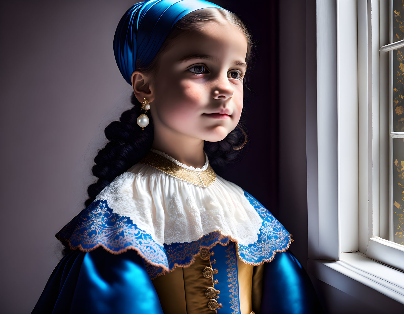 Historical dress girl with pearl earring gazes out window