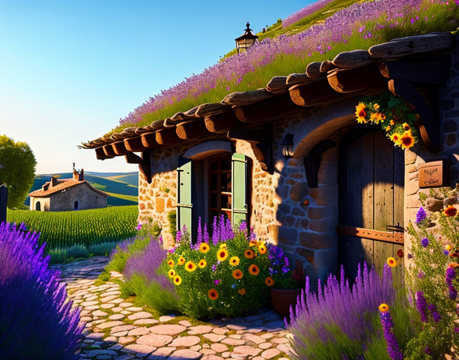 Stone cottage with thatched roof in lavender field under blue sky