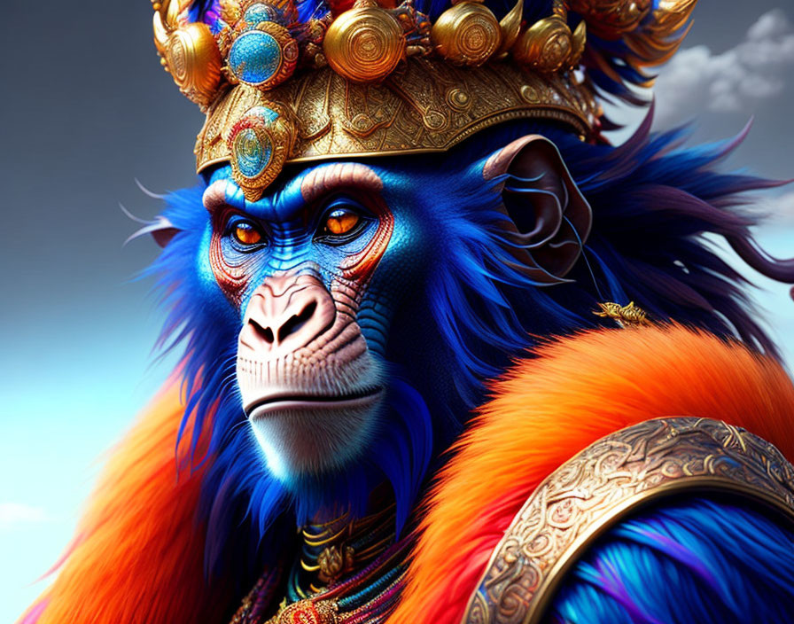 Regal blue monkey with golden crown and armor on cloudy sky backdrop