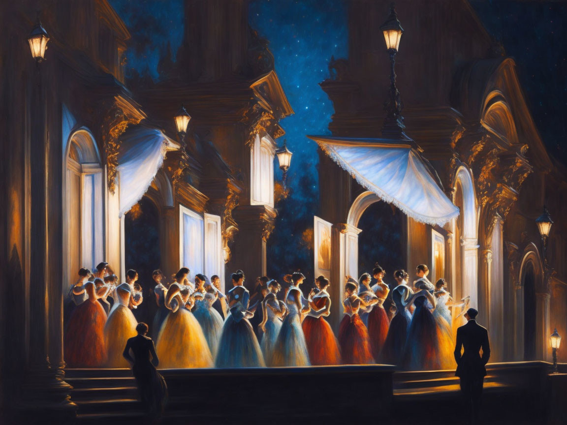 Formal evening ball outside grand building, guests in elegant gowns and suits under warm twilight glow