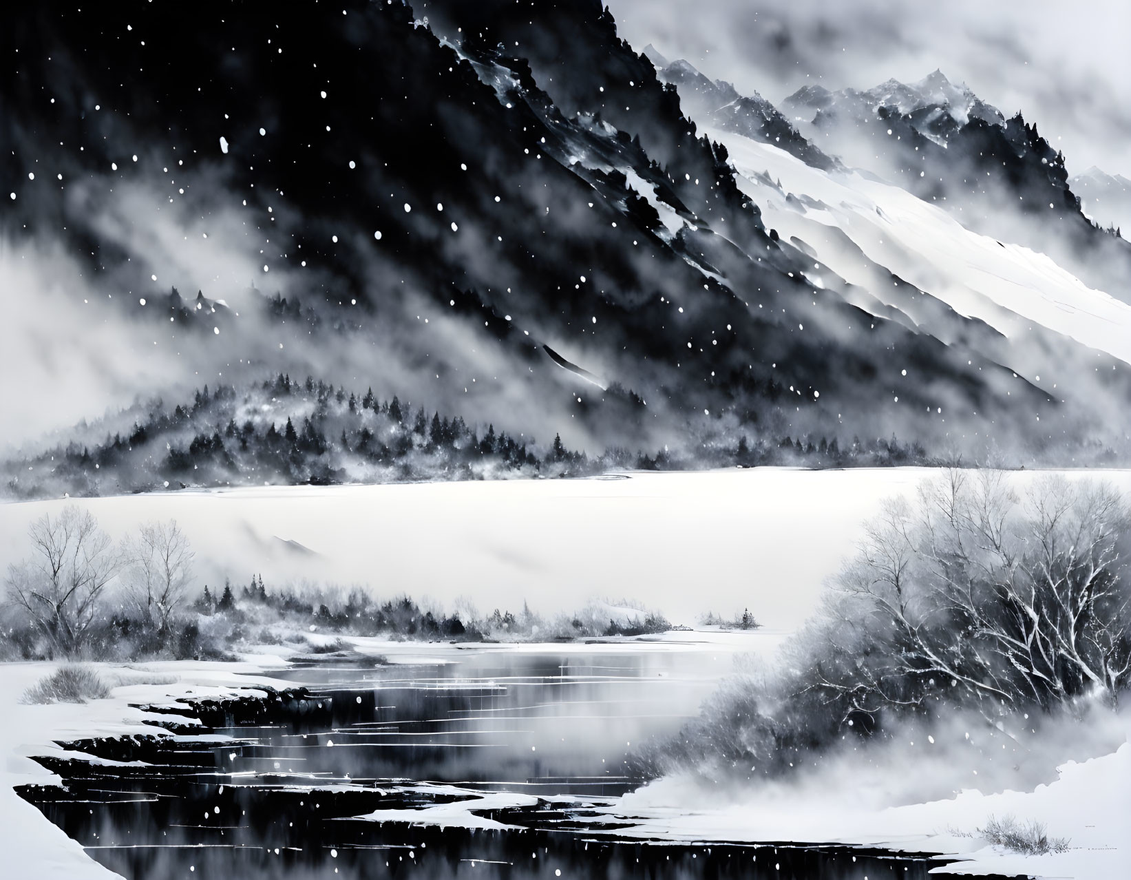 Snow-covered valley with frozen lake amid misty mountains