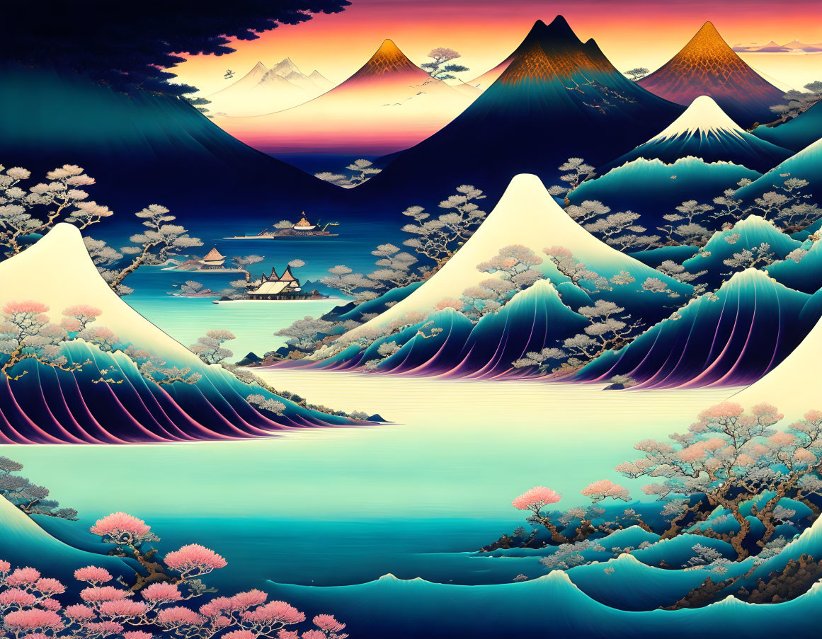 Stylized landscape with snow-capped peaks and cherry blossoms