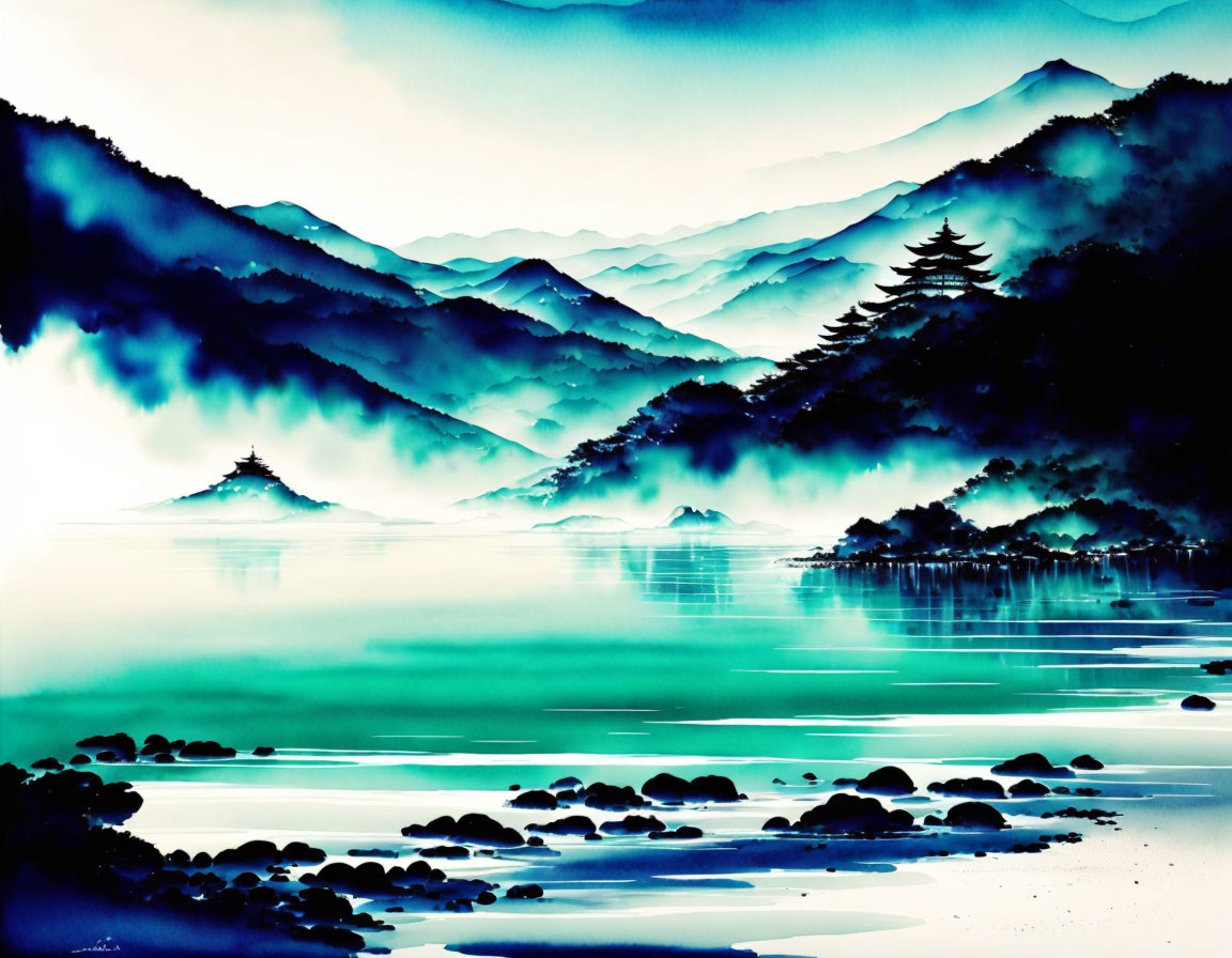 Tranquil digital art: Misty mountains, turquoise lake, pagodas