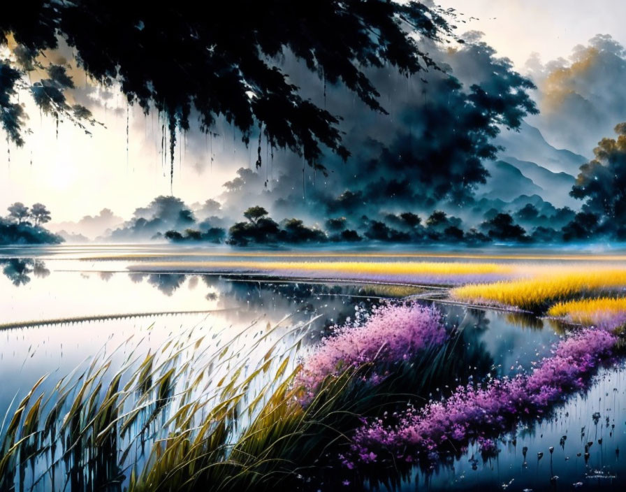 Tranquil landscape painting: reflective water, yellow grass, purple flowers, misty mountains.