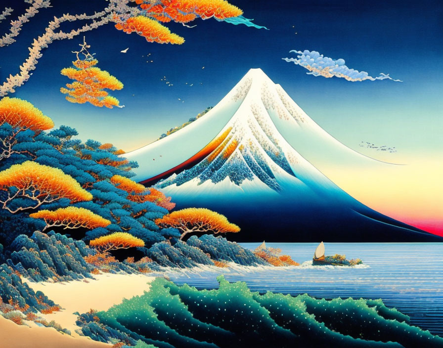 Colorful Stylized Mount Fuji Scene with Sailboat at Dawn or Dusk