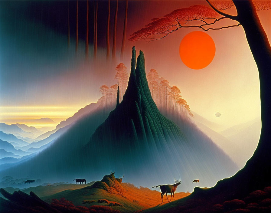 Scenic landscape with mountain peak, trees, elk, sun, and layered hills