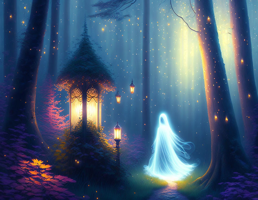 Ghostly Figure in Enchanted Forest with Glowing Lanterns