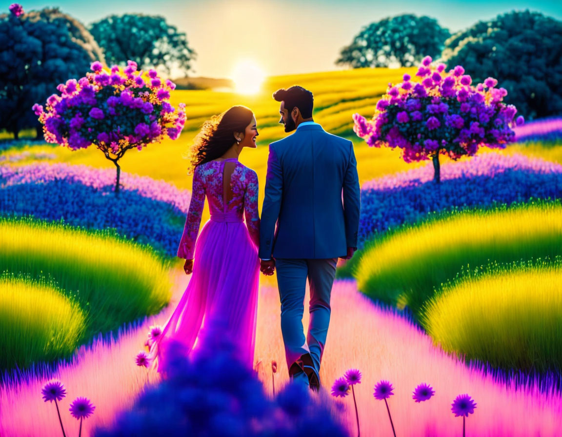 Couple holding hands in vibrant field with purple flowers at sunset