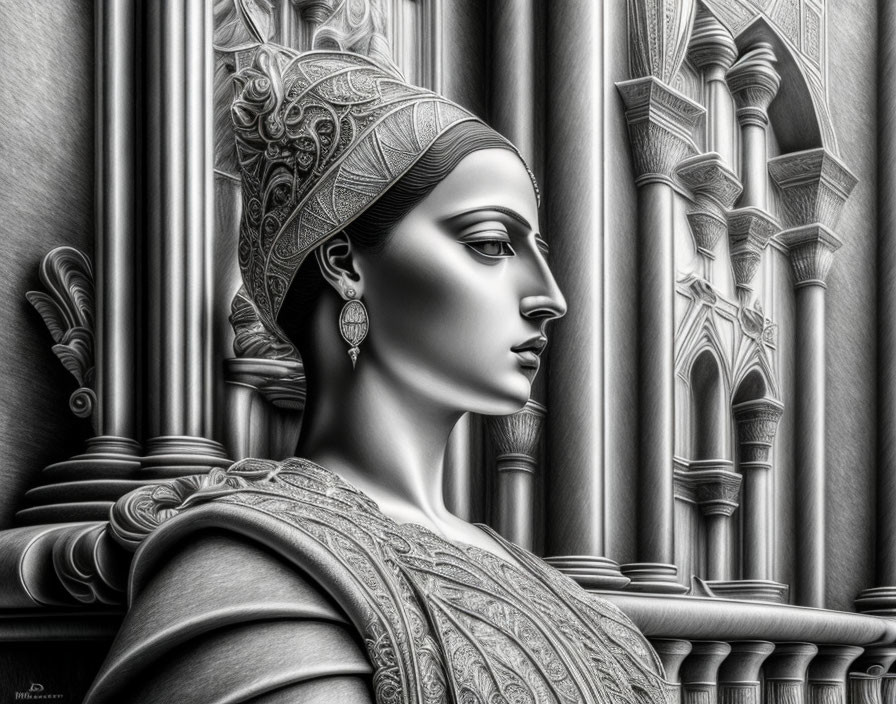 Monochrome digital art: regal woman with headdress and intricate architecture.