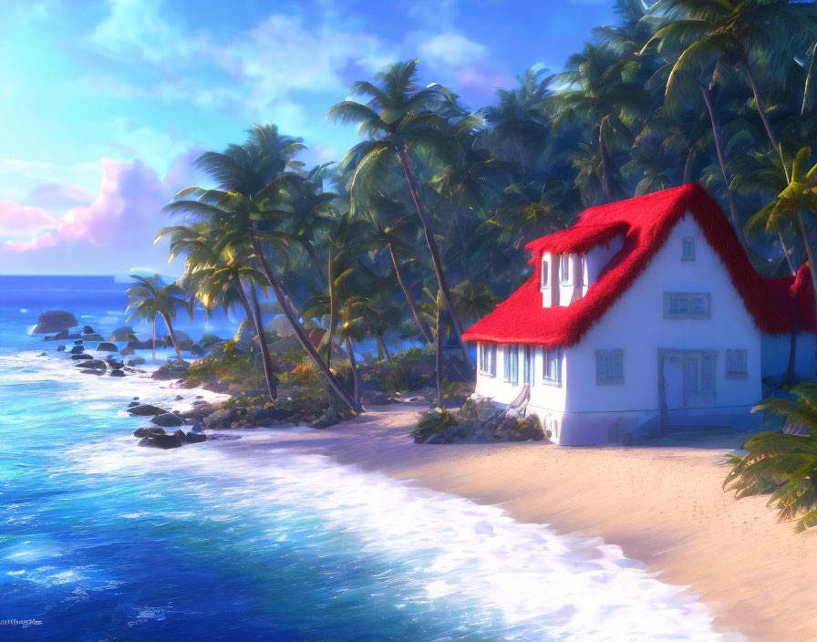 Seaside Cottage with Red Roof Surrounded by Palm Trees