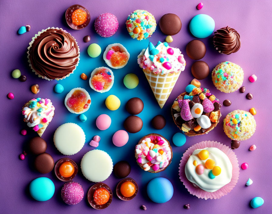 Vibrant Candies, Chocolates, Cupcakes, and Waffle Cone on Purple Background