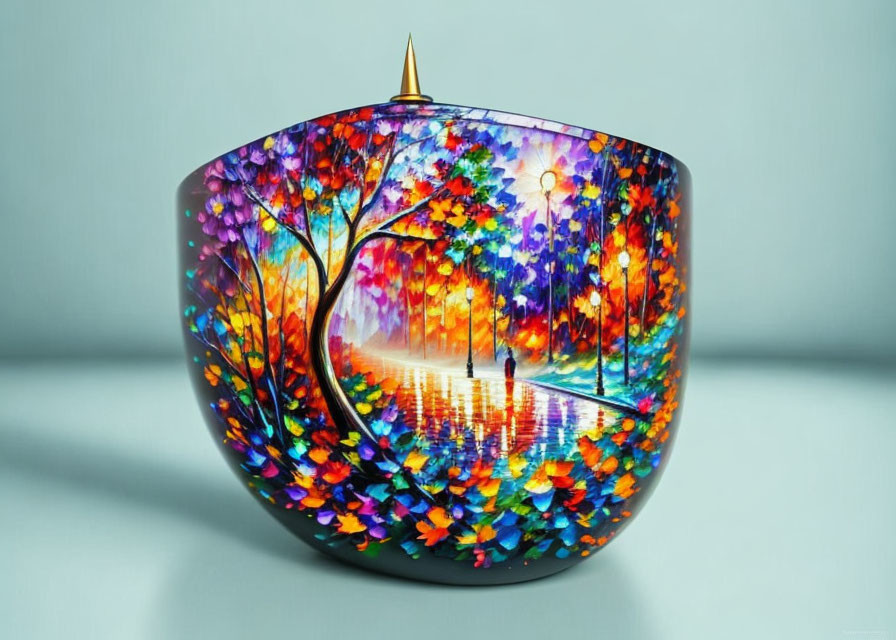 Colorful Painted Bowl with Autumn Couple Scene