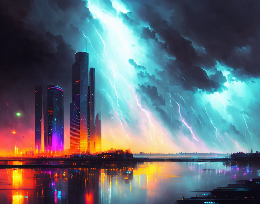 Futuristic city skyline with blue lightning and water reflections