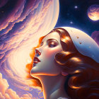 Surreal illustration of two female faces in moon and starry sky