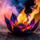 Flaming flower with blue smoke on blurred background